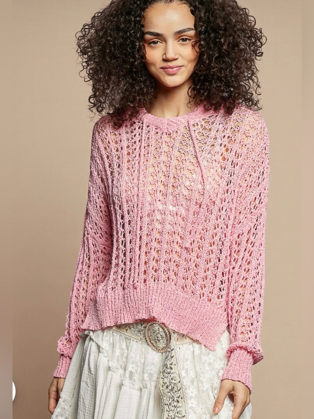 POL Pink Open-Knit Hooded Sweater Barbie Pink size Large